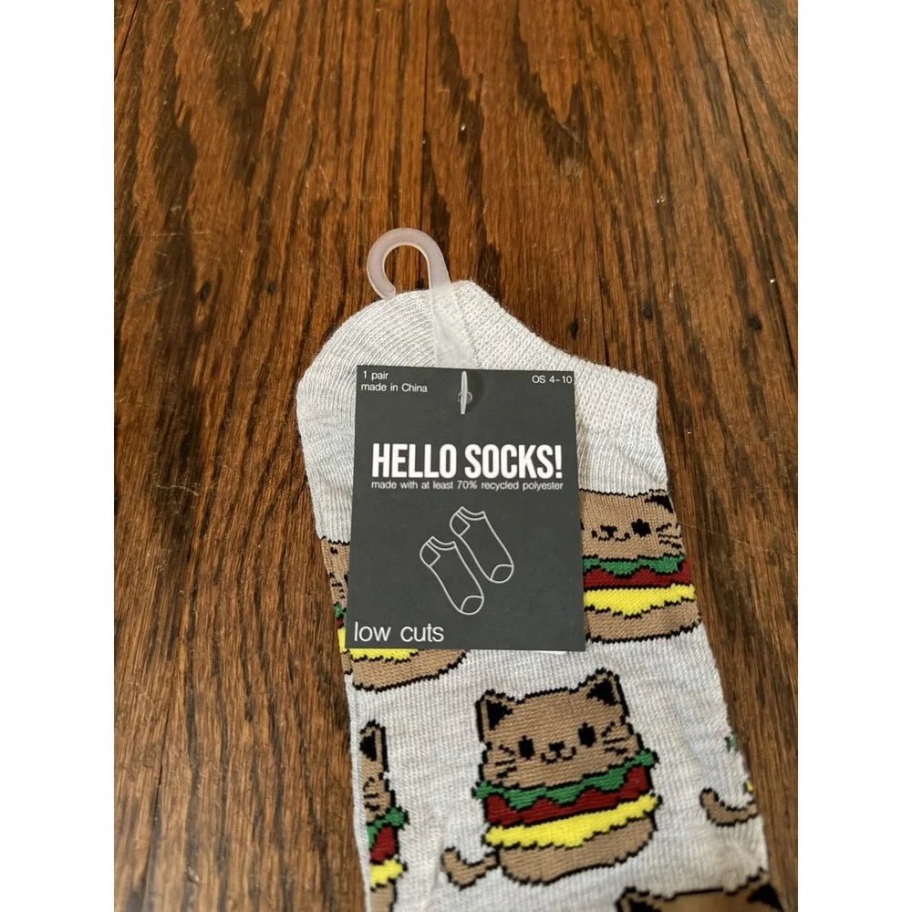 Women's Hello Socks! Gray Whimsical Kitty Hamburger Low Cut Socks Size 4-10 NWT